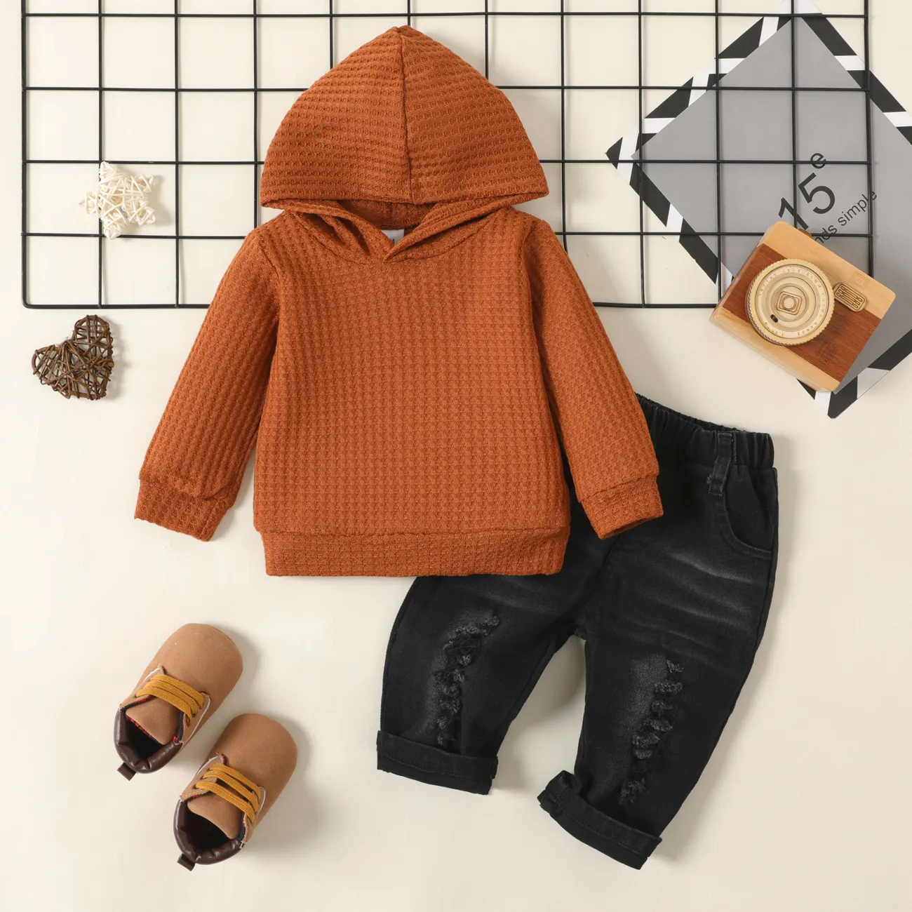 2-piece Baby Boy/Girl Waffle Hoodie Sweatshirt and 100% Cotton Ripped Denim Jeans Set