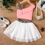 2-piece Kid Girl Letter Print Sleeveless One Shoulder Camisole and Mesh Skirt Set  image 6
