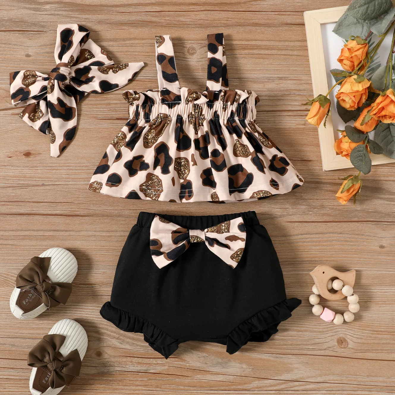 3pcs Baby Girl Leopard Sleeveless Top and Bowknot Shorts with Headband Set Black big image 1