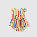 Family Matching Colorful Striped V Neck Flutter-sleeve Dresses and Short-sleeve T-shirts Sets  image 1
