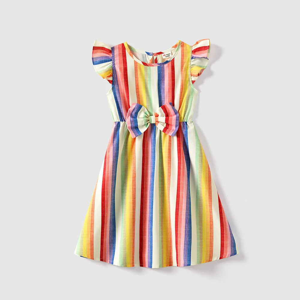 Family Matching Colorful Striped V Neck Flutter-sleeve Dresses and Short-sleeve T-shirts Sets  big image 5