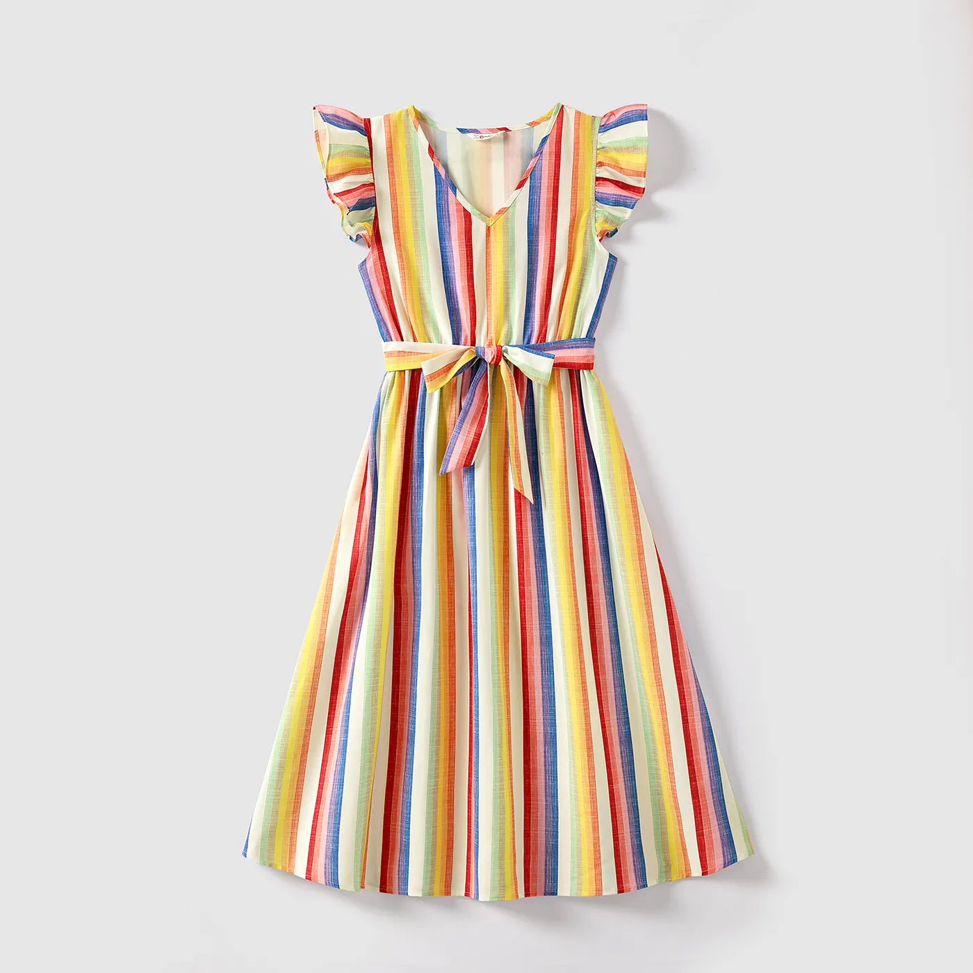 Family Matching Colorful Striped V Neck Flutter-sleeve Dresses and Short-sleeve T-shirts Sets  big image 8