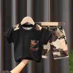 2pcs Toddler Boy Casual Camouflage Print Tee and Shorts Set Black