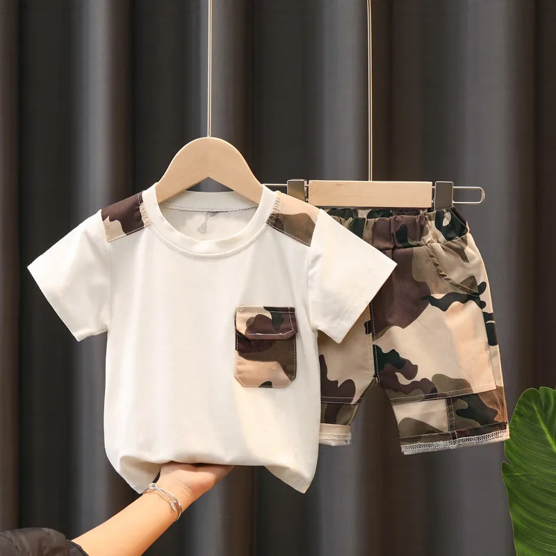 2pcs Toddler Boy Casual Camouflage Print Tee and Shorts Set White big image 1