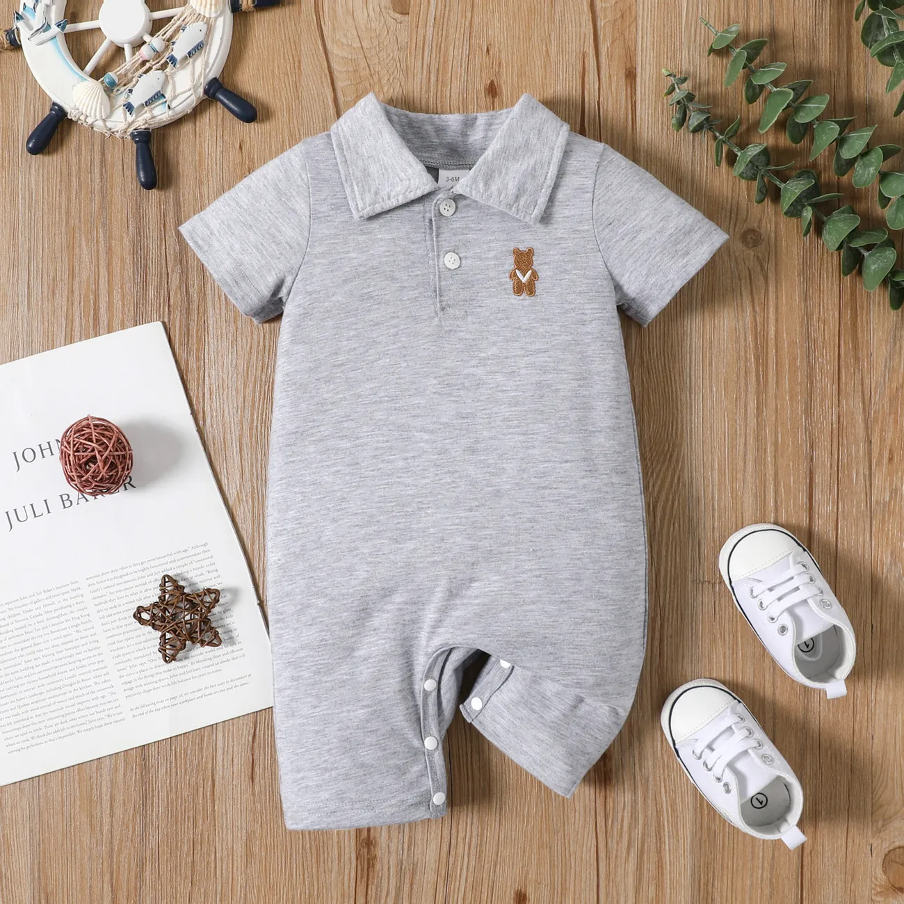 Baby Boy Bear Embroidered Polo Collar Button Up Short-sleeve Jumpsuit Light Grey big image 1