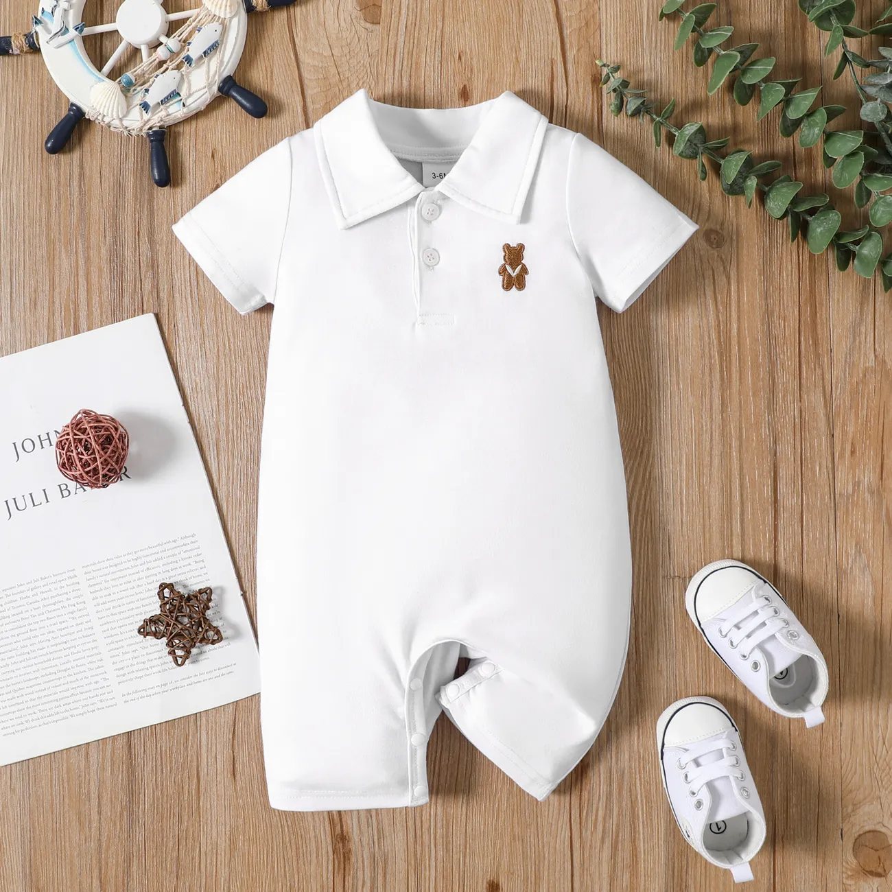 Baby Boy Bear Embroidered Polo Collar Button Up Short-sleeve Jumpsuit White big image 1