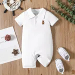 Baby Boy Bear Embroidered Polo Collar Button Up Short-sleeve Jumpsuit White