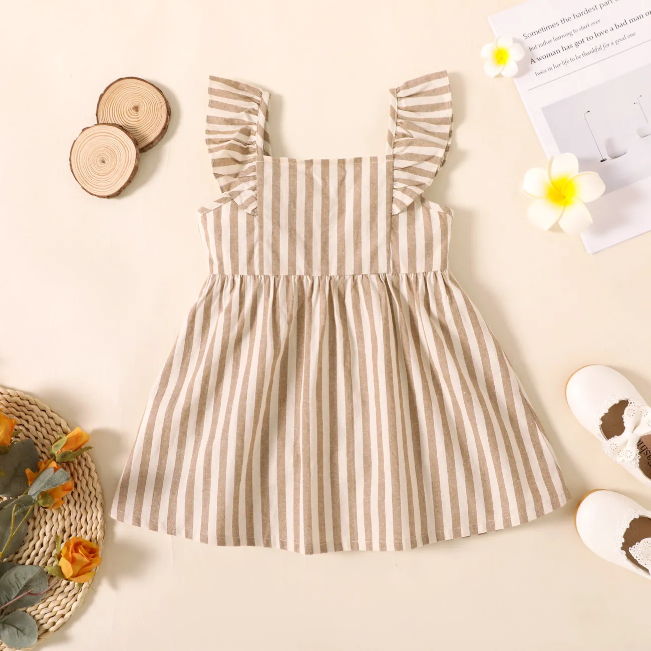 Toddler Girl Button Design Solid Color/Floral Print/Stripe Ruffled Strap Dress Khaki big image 1