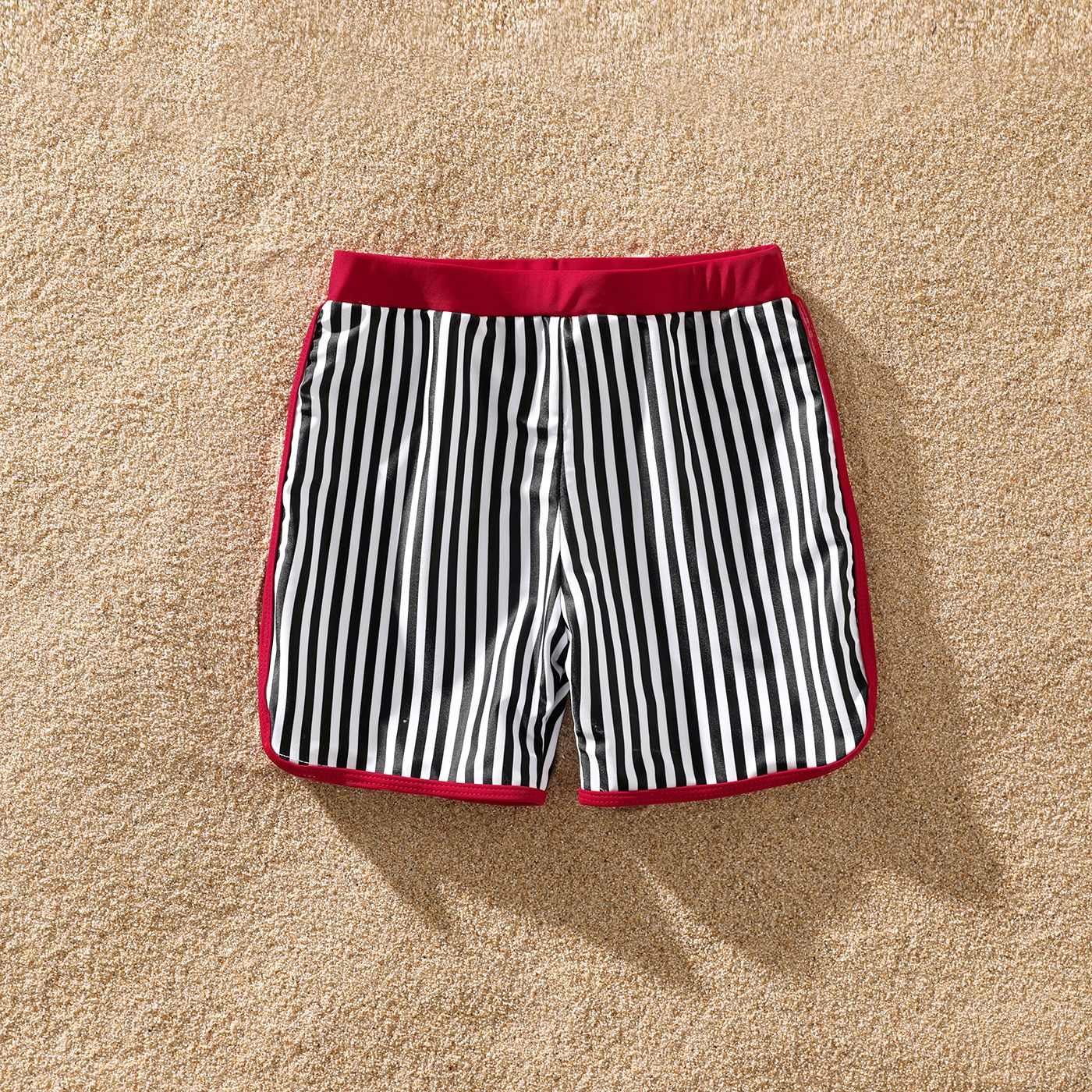 Family Matching Striped Swim Trunks Shorts And Ruffle Splicing One-Piece Swimsuit