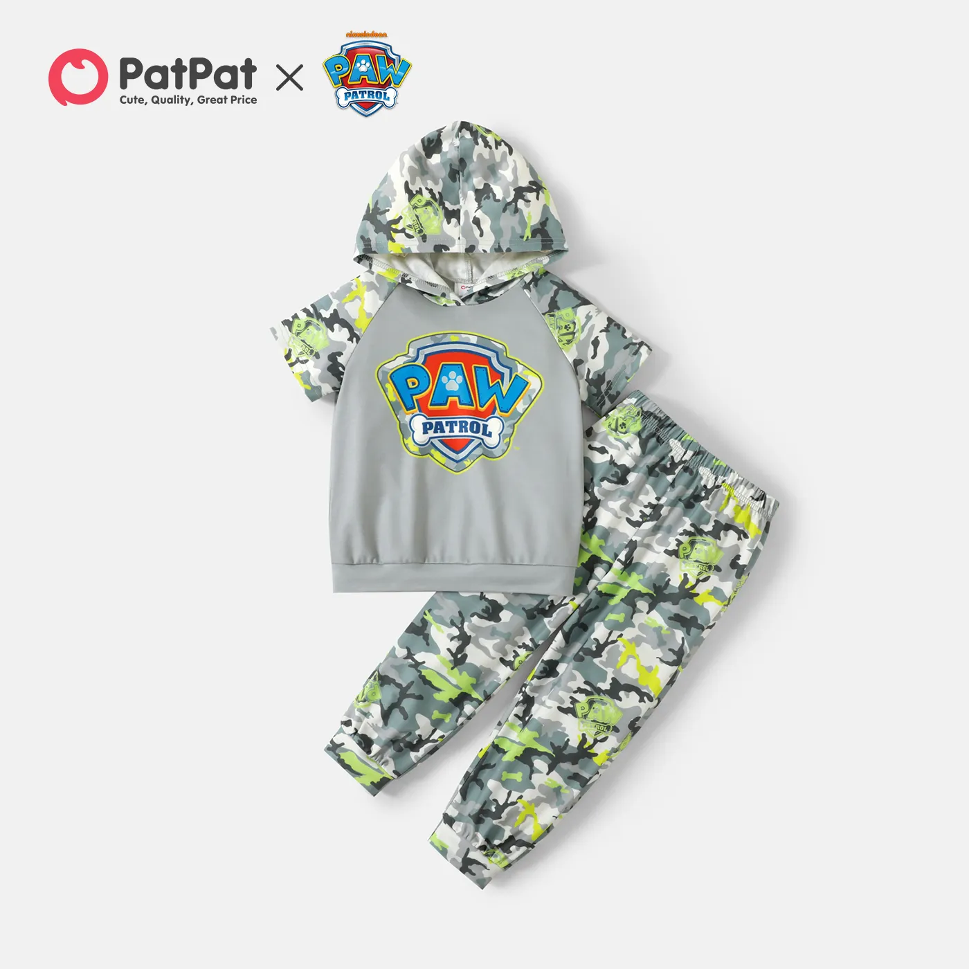 

PAW Patrol 2pcs Toddler Boy Camouflage/Dog Print Hooded Short Raglan Sleeve Tee and Elasticized Pants Set