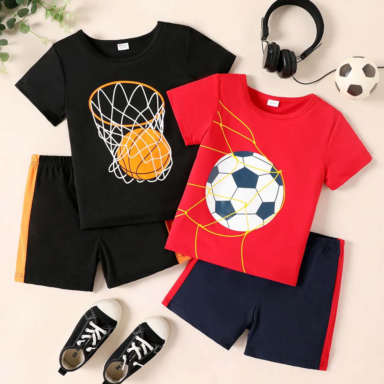 2-piece Kid Boy Basketball/Football Print Short-sleeve Tee and Elasticized Shorts Set Black big image 1