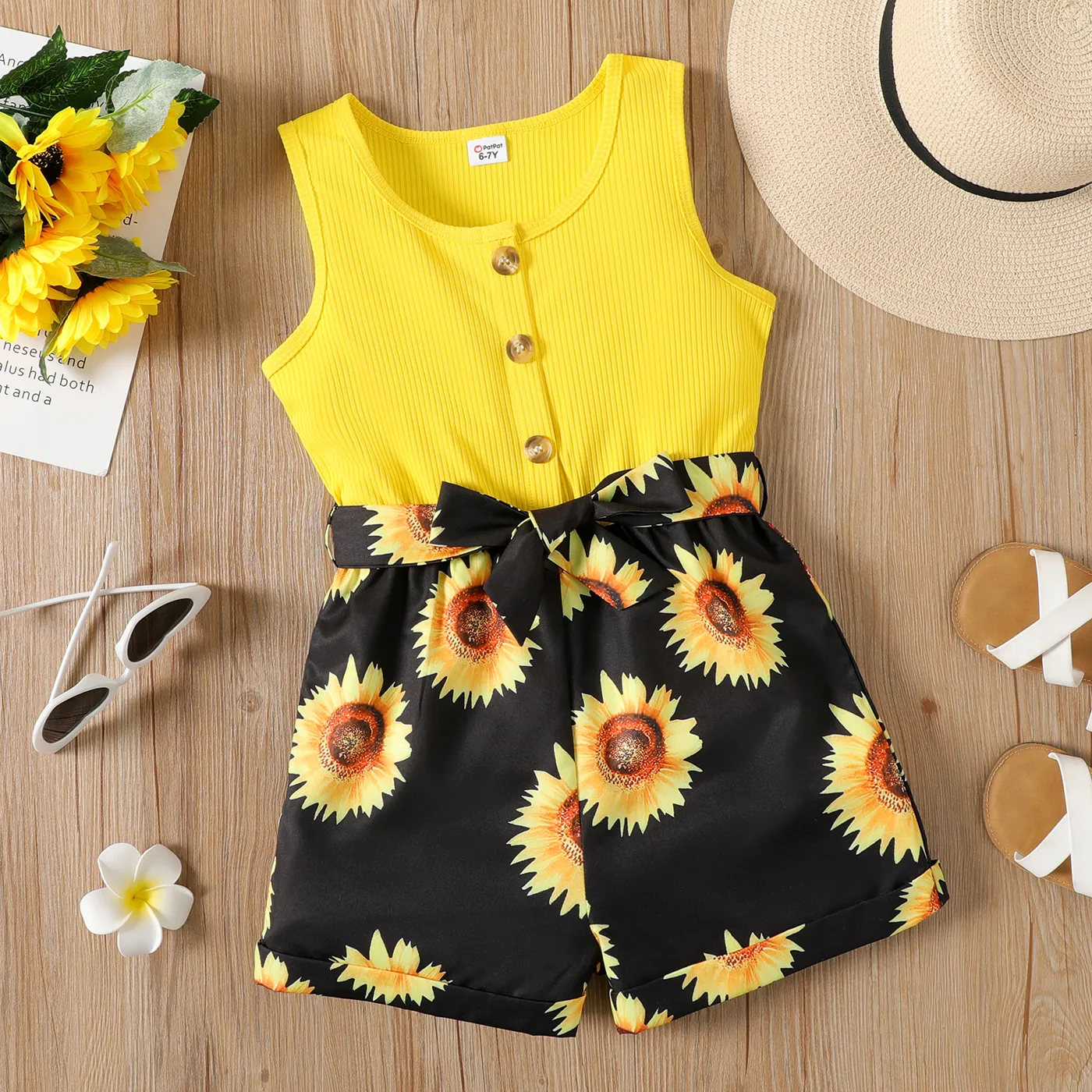2pcs Kid Girl Ffloral Print Ribbed Splice Button Design Sleeveless Belted Rompers  big image 1