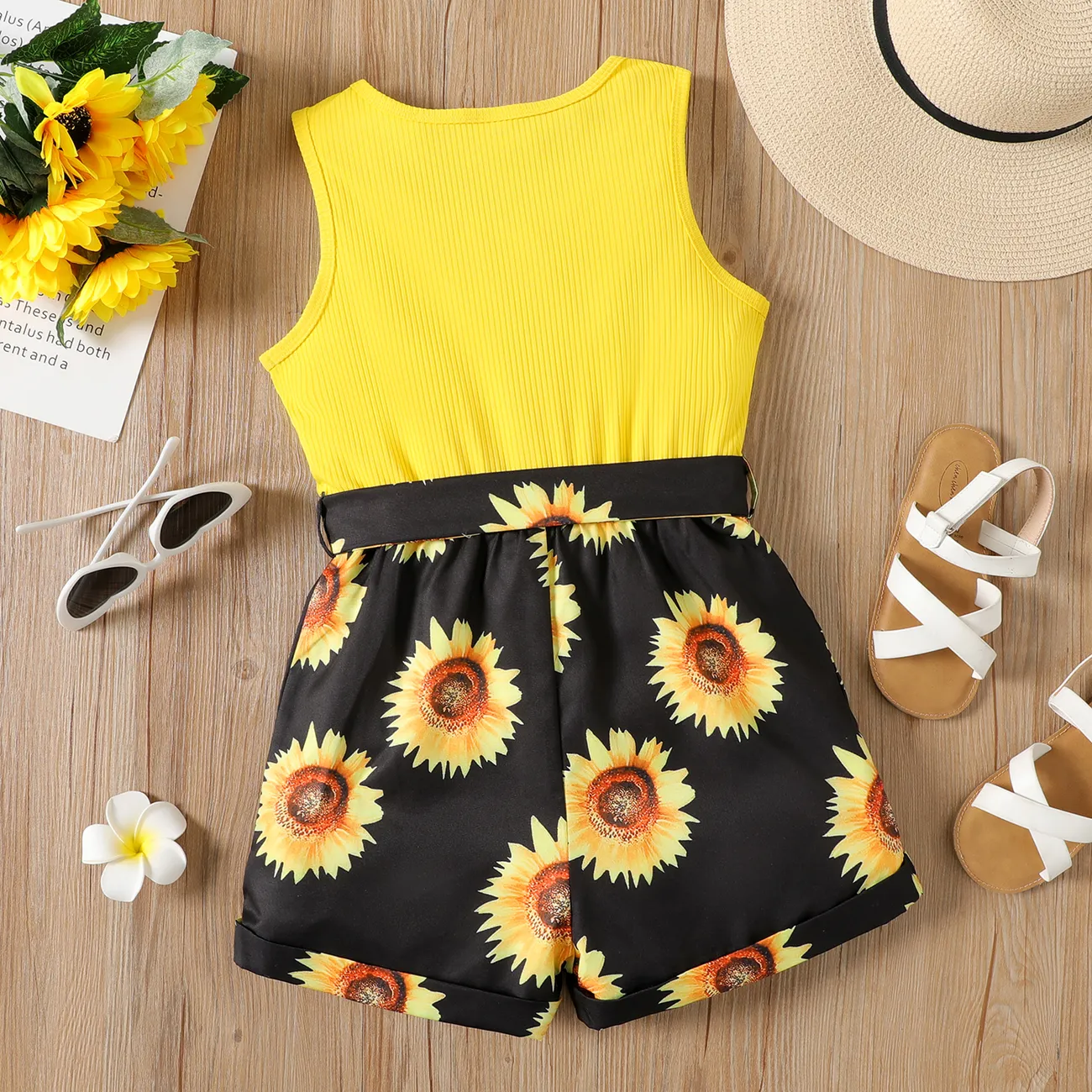 2pcs Kid Girl Ffloral Print Ribbed Splice Button Design Sleeveless Belted Rompers Yellow big image 1