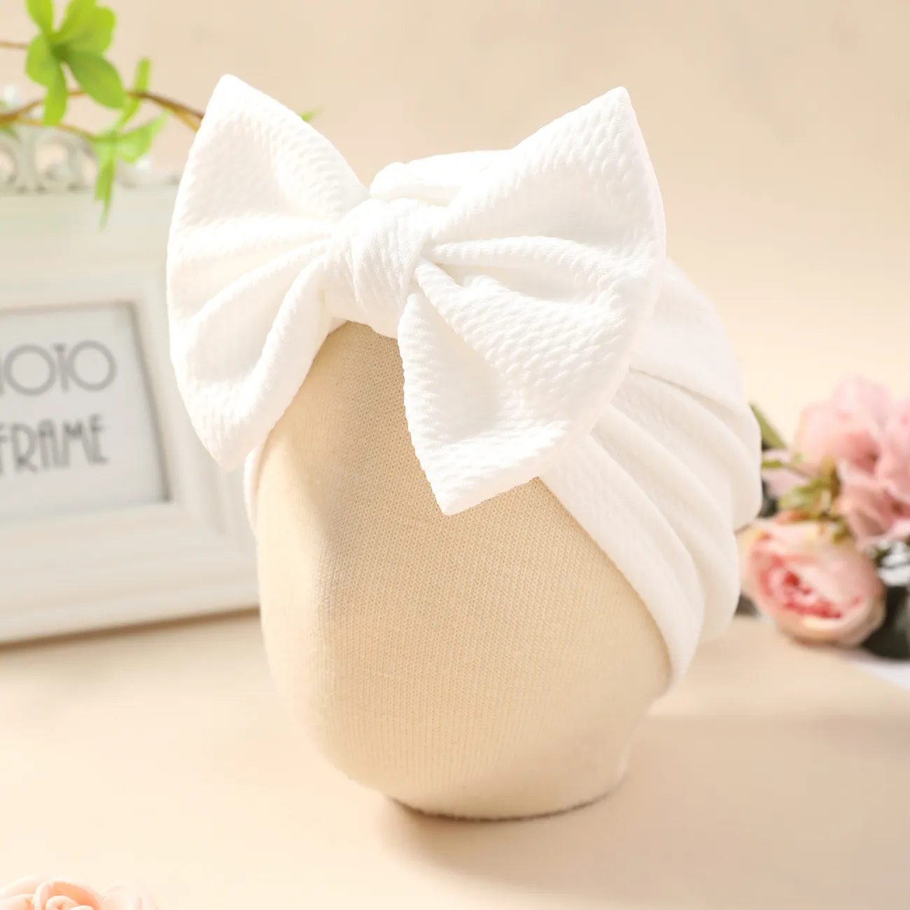 Baby Solid Textured Bow Turban Hat White big image 1