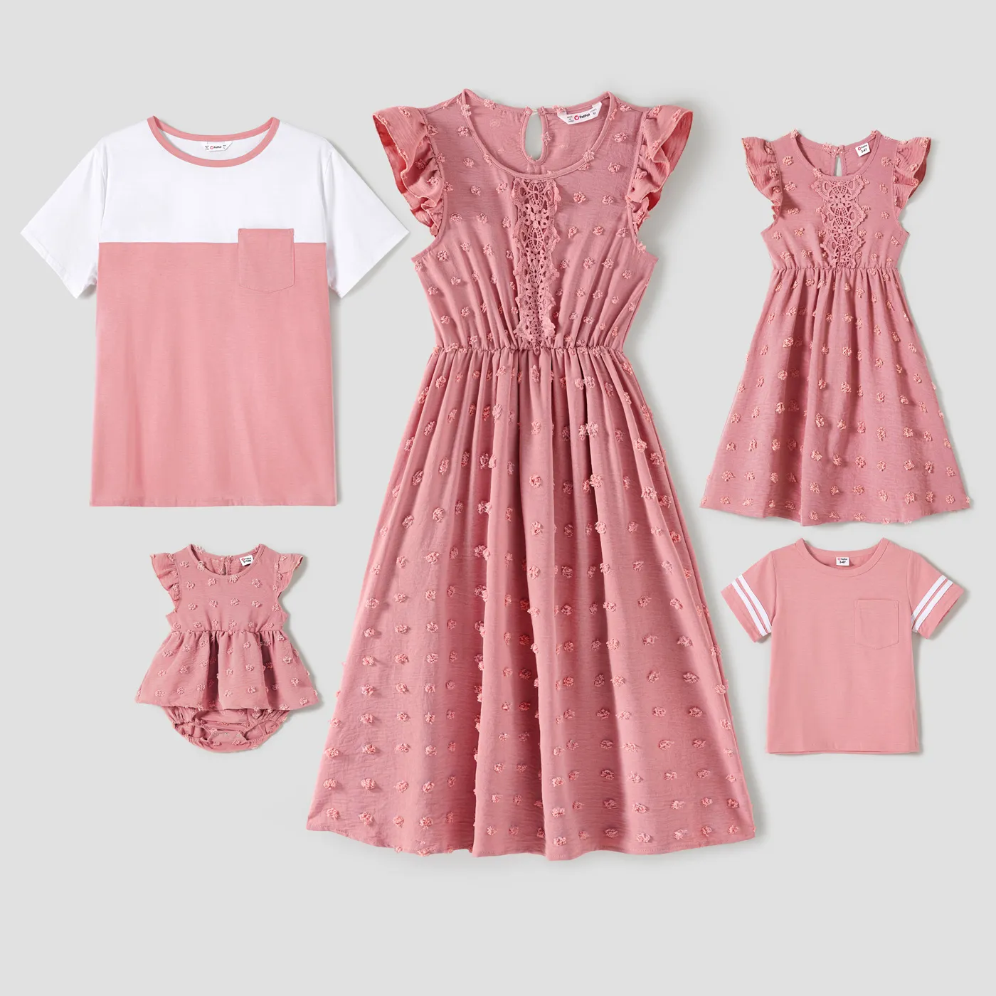 Image of Family Matching Pink Lace Splicing Swiss Dot Ruffle-sleeve Dresses and Colorblock Short-sleeve T-shirts Sets
