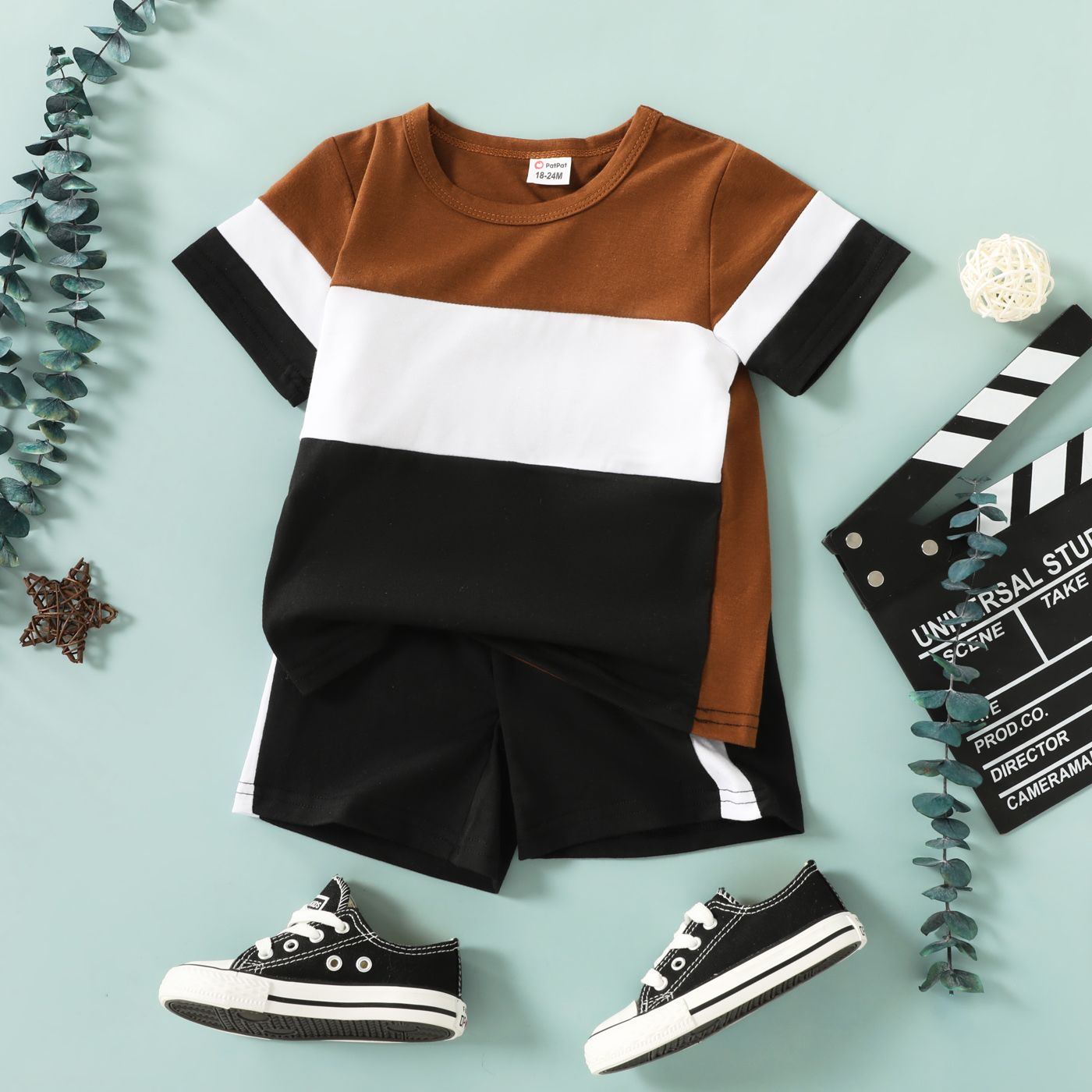 

2pcs Toddler Boy Casual Colorblock Tee and Shorts Set
