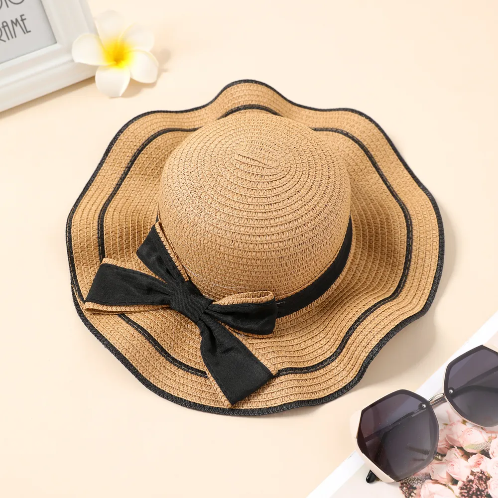 Big Bow Decor Wavy Edge Two Tone Straw Hat for Mom and Me  big image 4