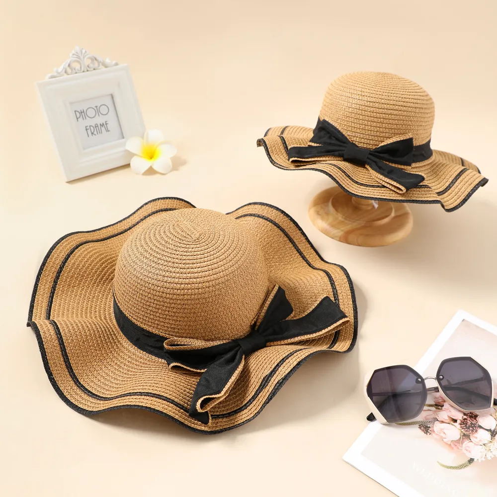 Big Bow Decor Wavy Edge Two Tone Straw Hat for Mom and Me  big image 3