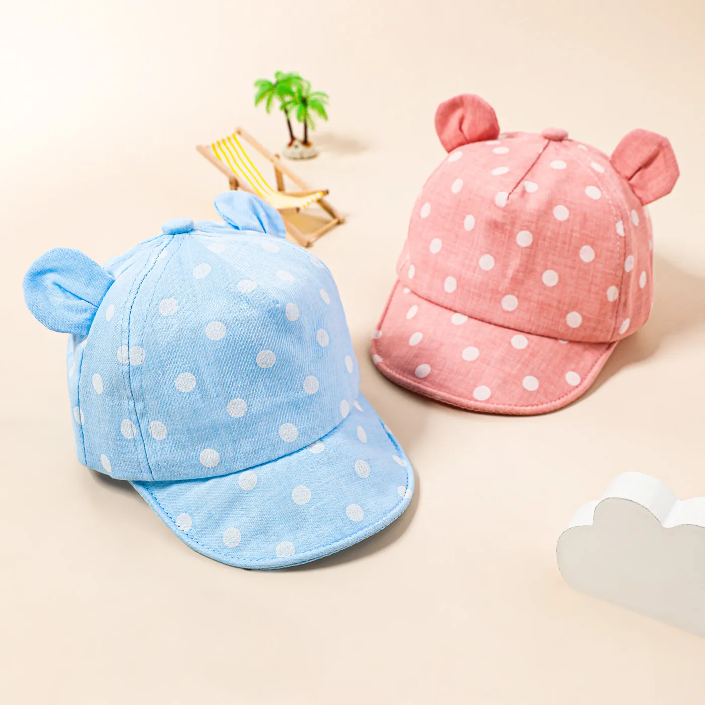 Baby Cartoon Dual Ears Design Polka Dots Baseball Cap Pink image 3