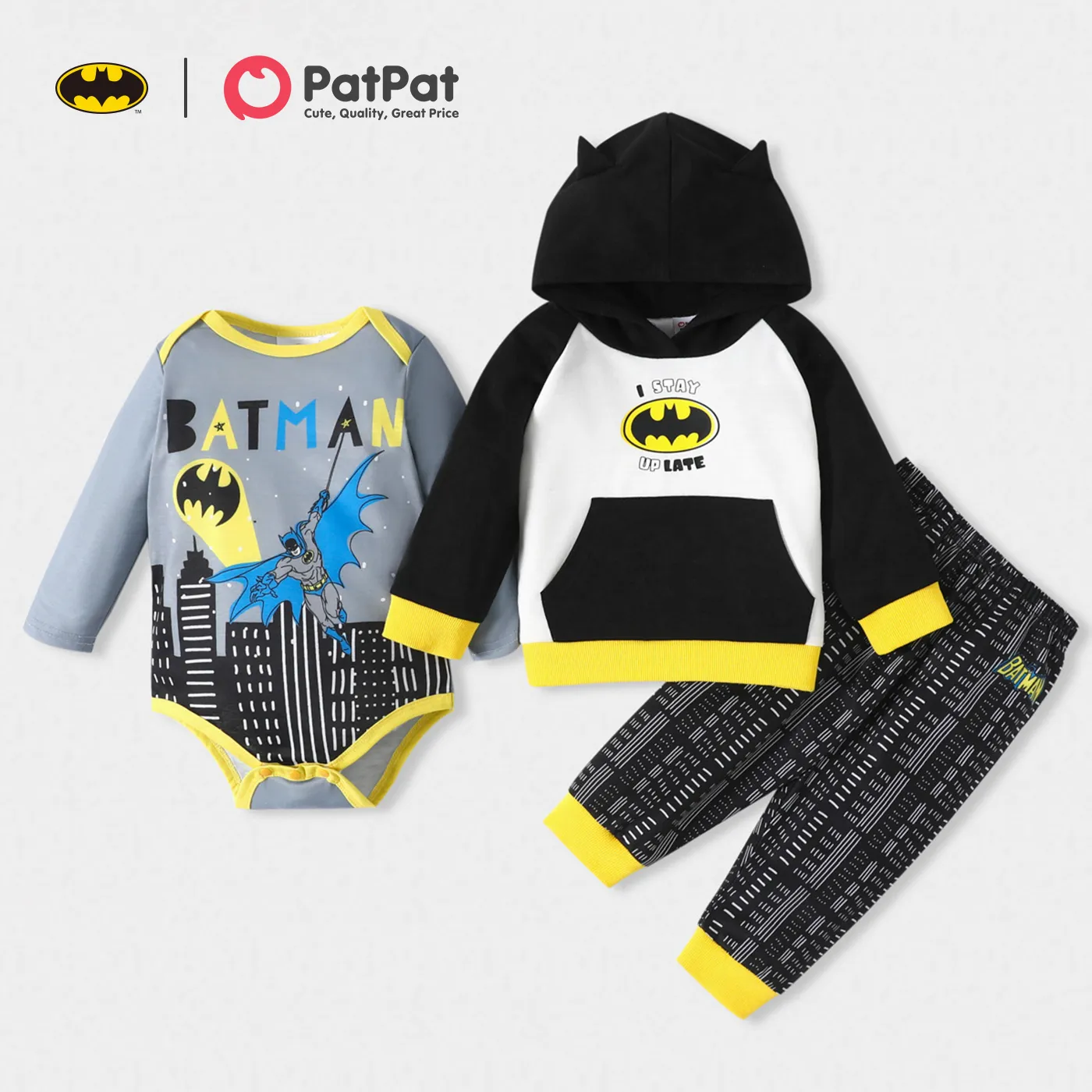 Batman Baby Boy Classic Logo Hooded Sweatshirt and Bodysuit and Pants