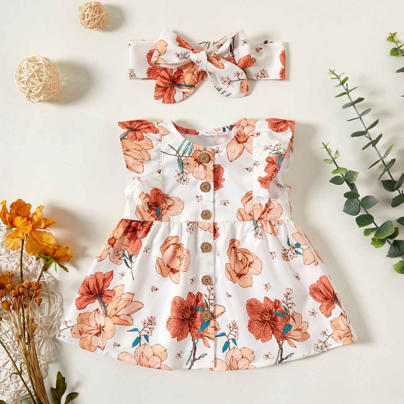 2pcs Baby Girl 100% Cotton Solid/Floral-print Sleeveless Ruffle Button Up Dress With Headband Set
