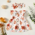 2pcs Baby Girl 100% Cotton Solid/Floral-print Sleeveless Ruffle Button Up Dress with Headband Set  image 1