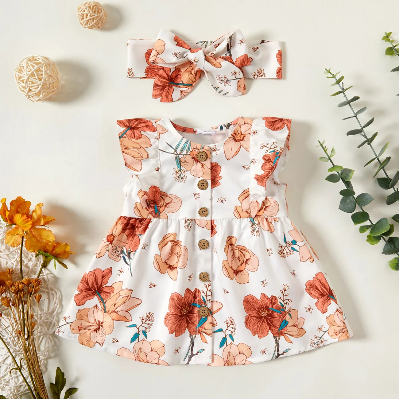 2pcs Baby Girl 100% Cotton Solid/Floral-print Sleeveless Ruffle Button Up Dress with Headband Set  big image 1