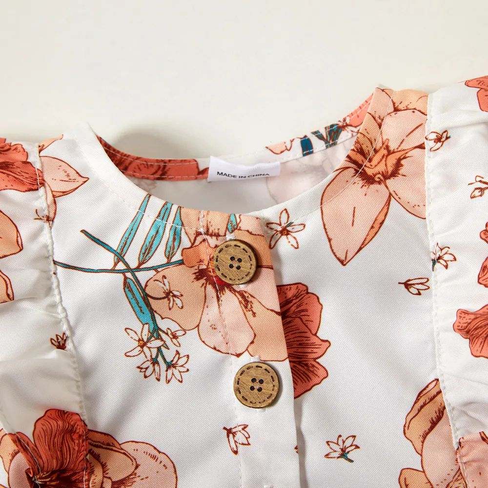 2pcs Baby Girl 100% Cotton Solid/Floral-print Sleeveless Ruffle Button Up Dress with Headband Set big image 5