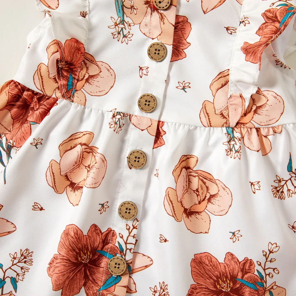 2pcs Baby Girl 100% Cotton Solid/Floral-print Sleeveless Ruffle Button Up Dress with Headband Set big image 6