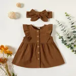 2pcs Baby Girl 100% Cotton Solid/Floral-print Sleeveless Ruffle Button Up Dress with Headband Set Brown