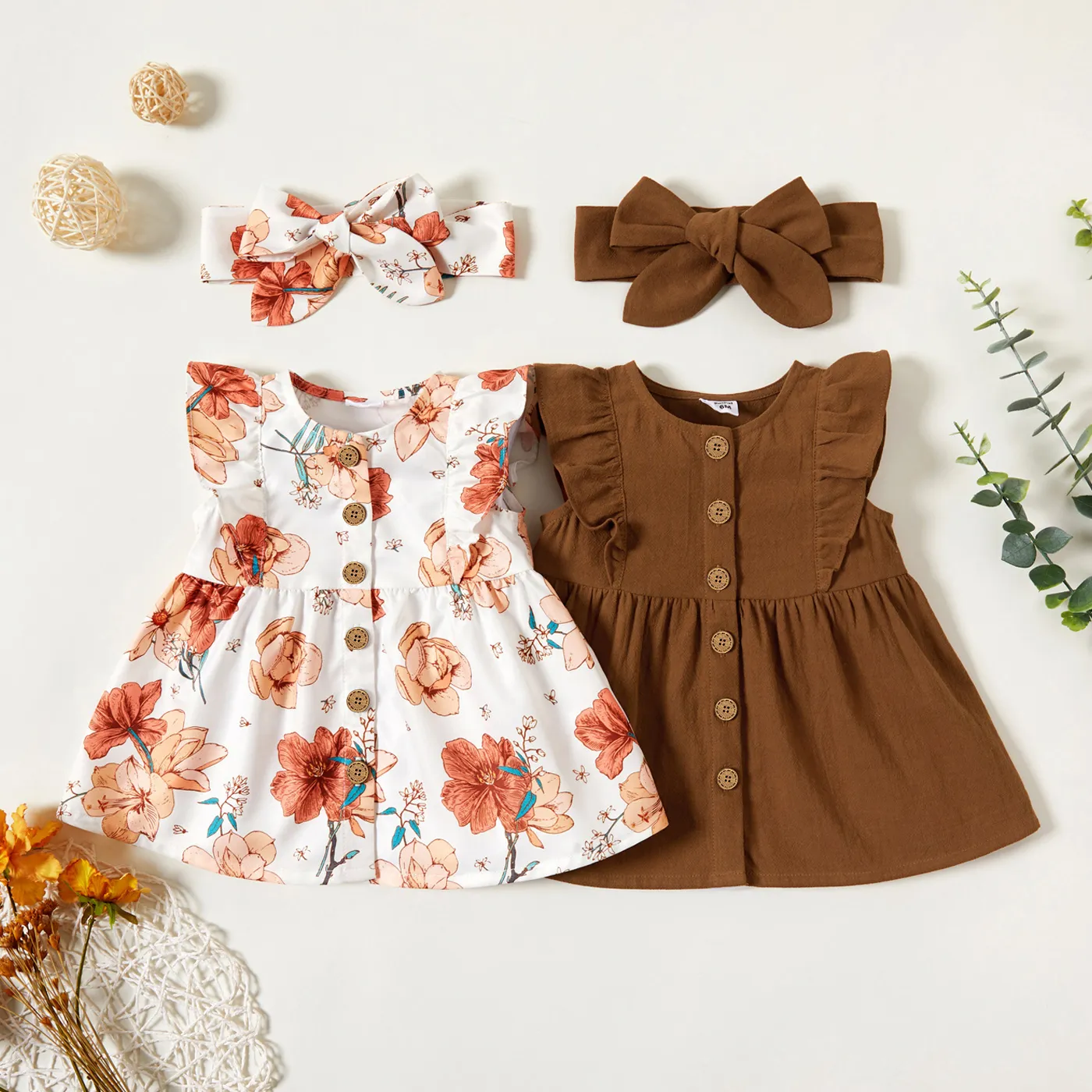 2pcs Baby Girl 100% Cotton Solid/Floral-print Sleeveless Ruffle Button Up Dress with Headband Set  image 2