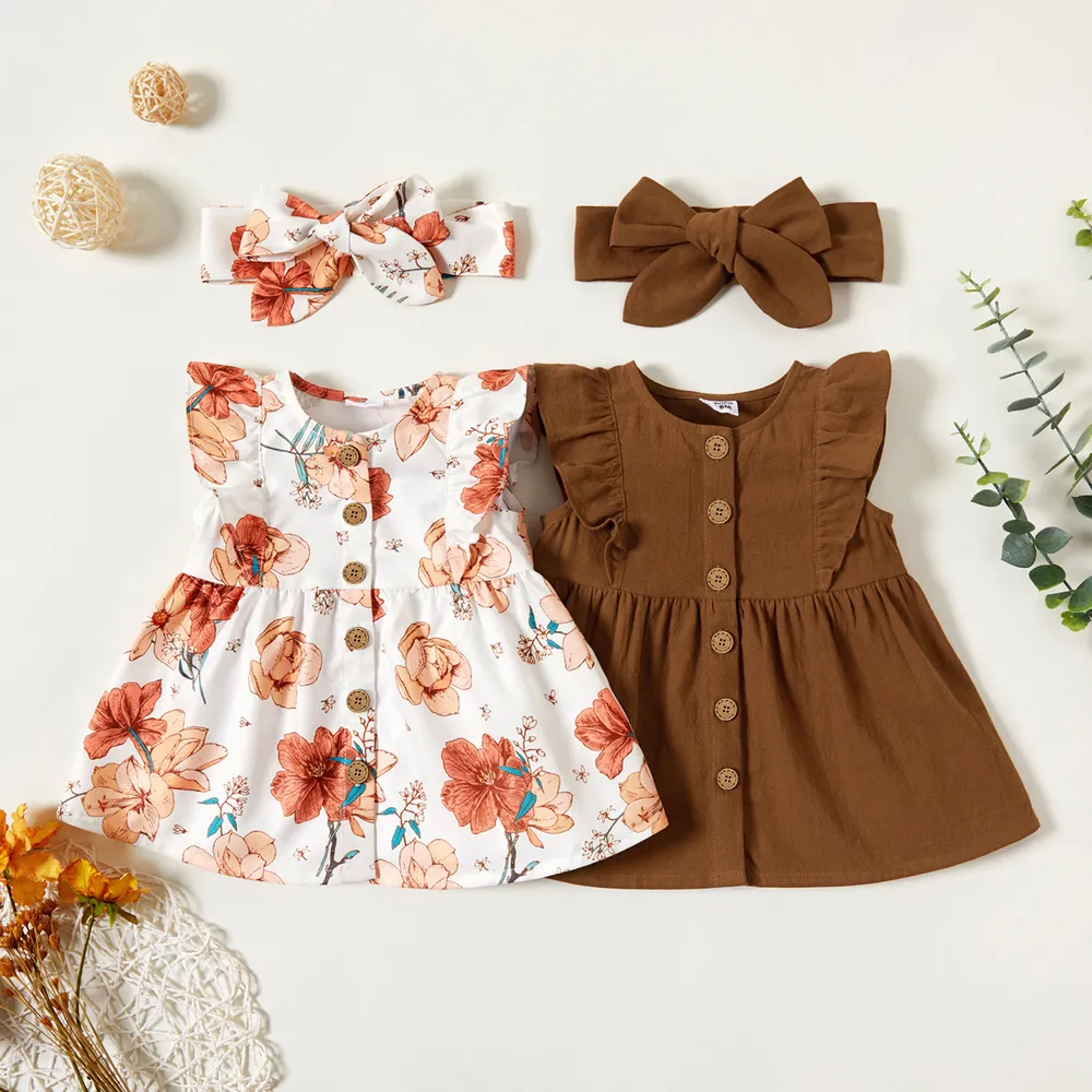 2pcs Baby Girl 100% Cotton Solid/Floral-print Sleeveless Ruffle Button Up Dress with Headband Set  big image 2