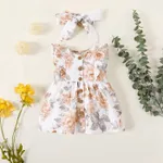 2pcs Baby Girl 100% Cotton Solid/Floral-print Sleeveless Ruffle Button Up Dress with Headband Set LightBrown