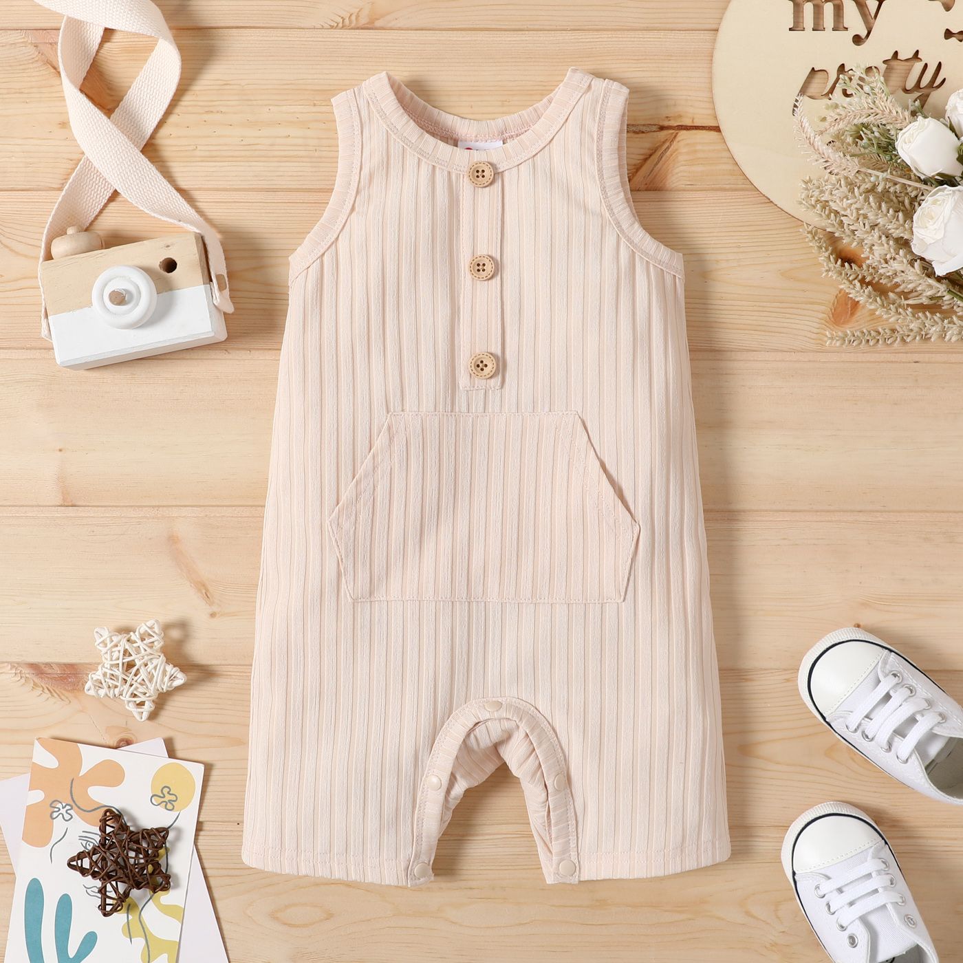 

Baby Boy/Girl Button Front Solid Ribbed Sleeveless Romper with Pocket