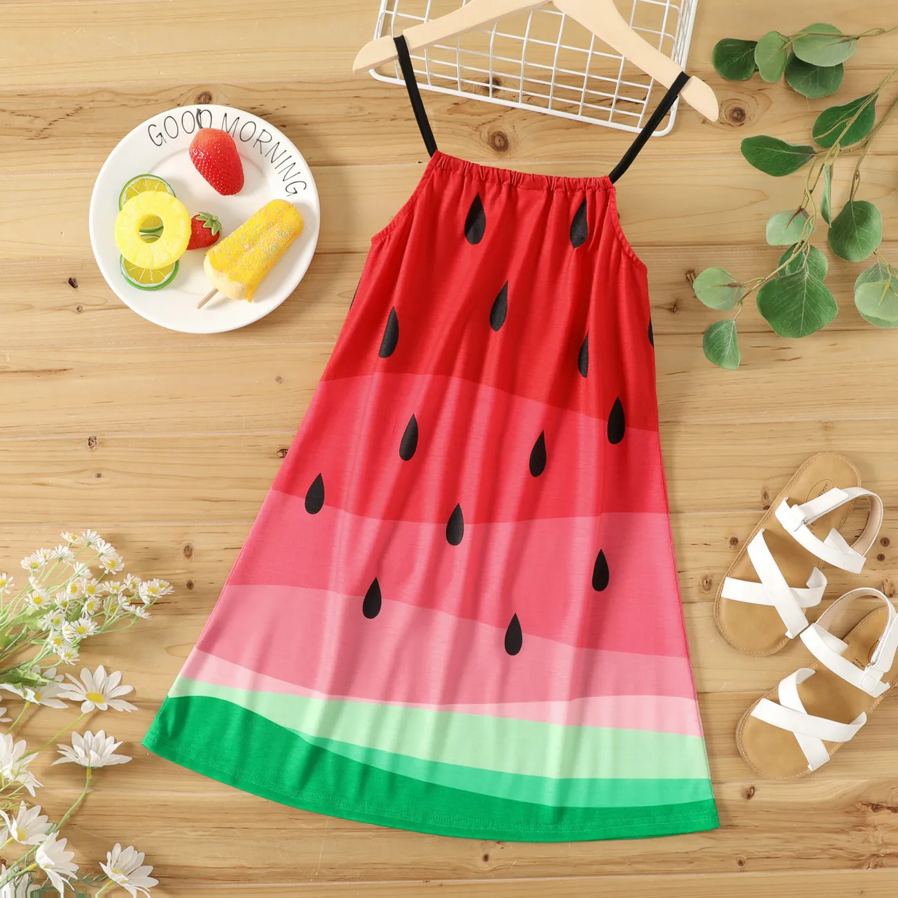 Kid Girl Watermelon Print Colorblock Cami Dress Watermelonred big image 1