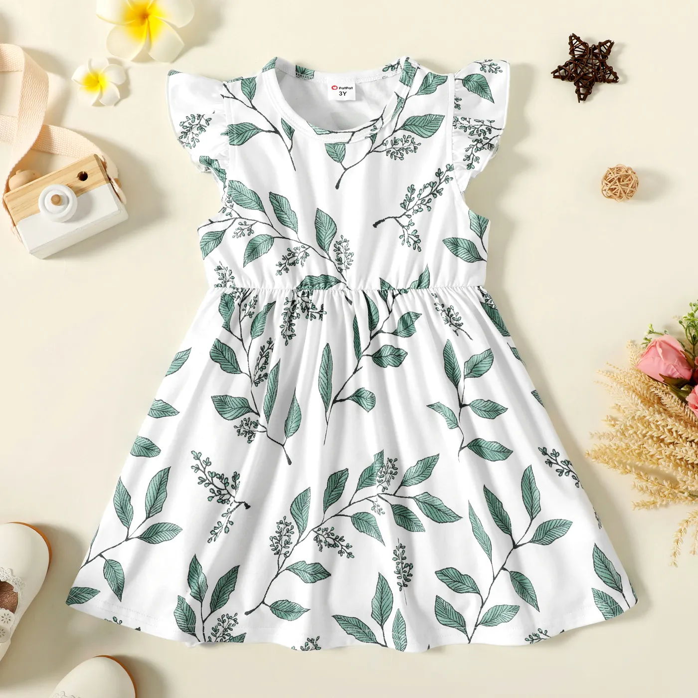 Toddler Girl Floral Leaf Print Flutter-sleeve Dress  image 1