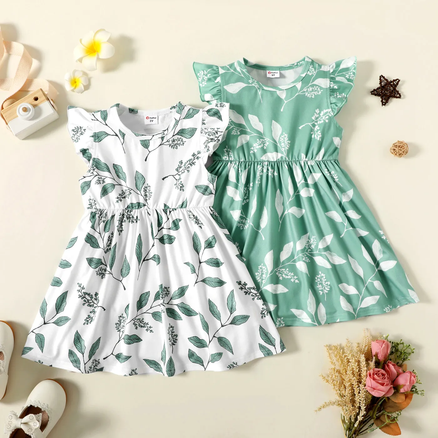 Toddler Girl Floral Leaf Print Flutter-sleeve Dress  image 2