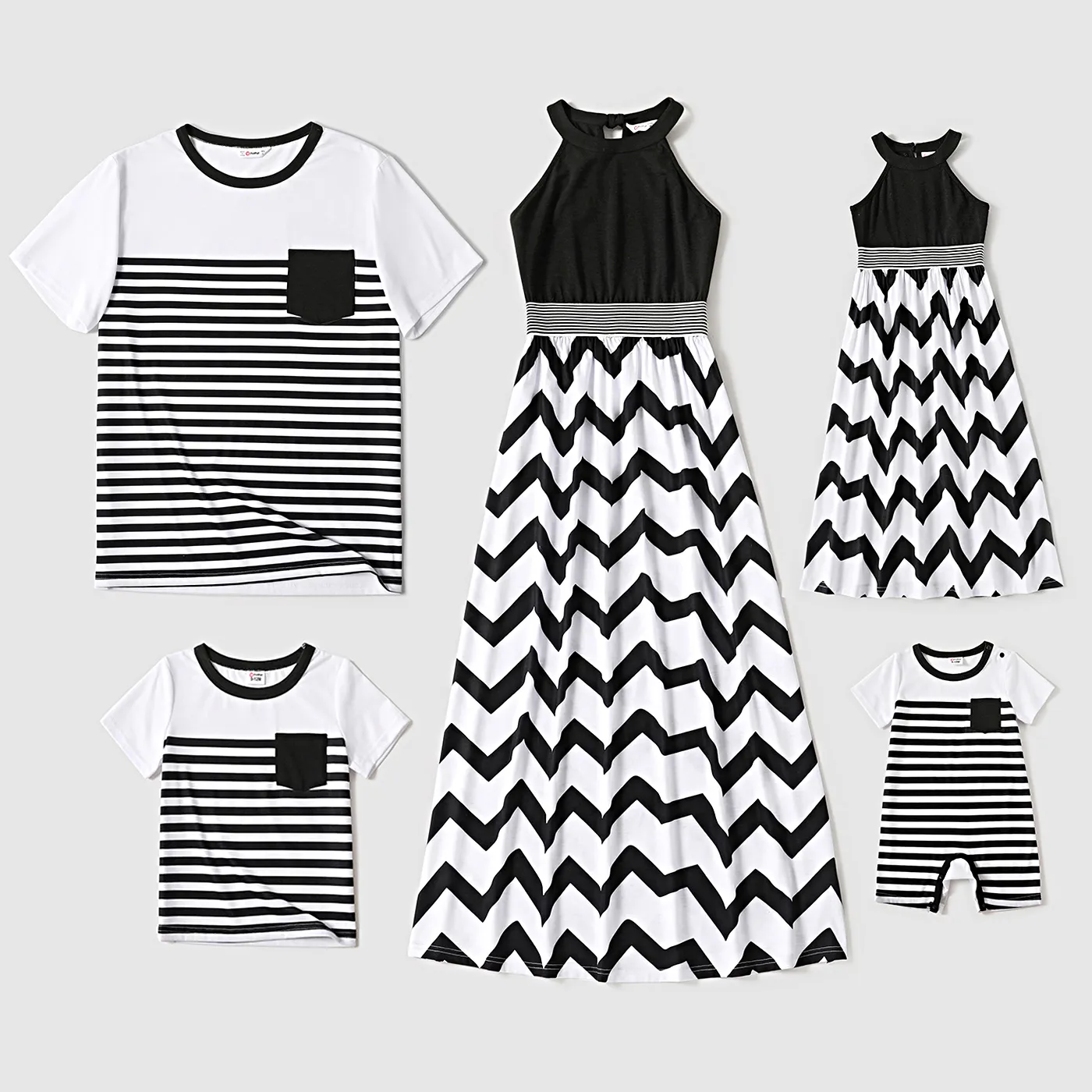 Family Matching Black Halter Neck Off Shoulder Splicing Chevron Striped Maxi Dresses And Short-sleeve T-shirts Sets