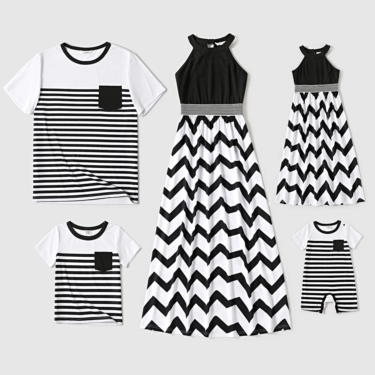 Family Matching Black Halter Neck Off Shoulder Splicing Chevron Striped Maxi Dresses and Short-sleeve T-shirts Sets BlackandWhite big image 1
