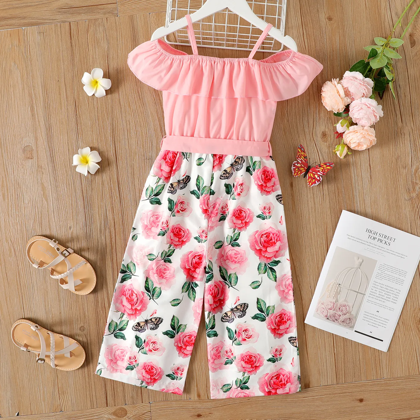 Kid firl 花卉印花拼接荷葉邊束帶露肩吊帶背心連身褲  image 5