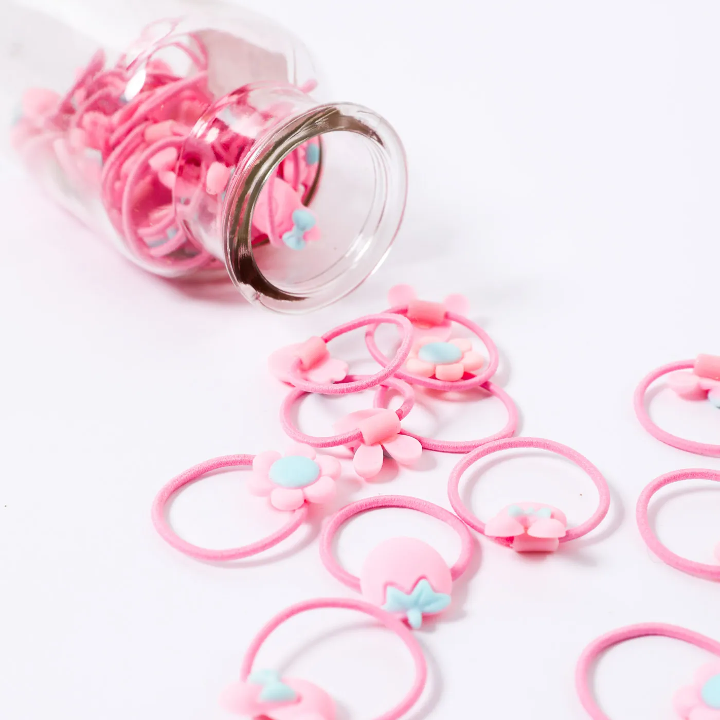 50-pack Floral Bow Cartoon Decor Multicolor Elastics Hair Ties for Girls Pink