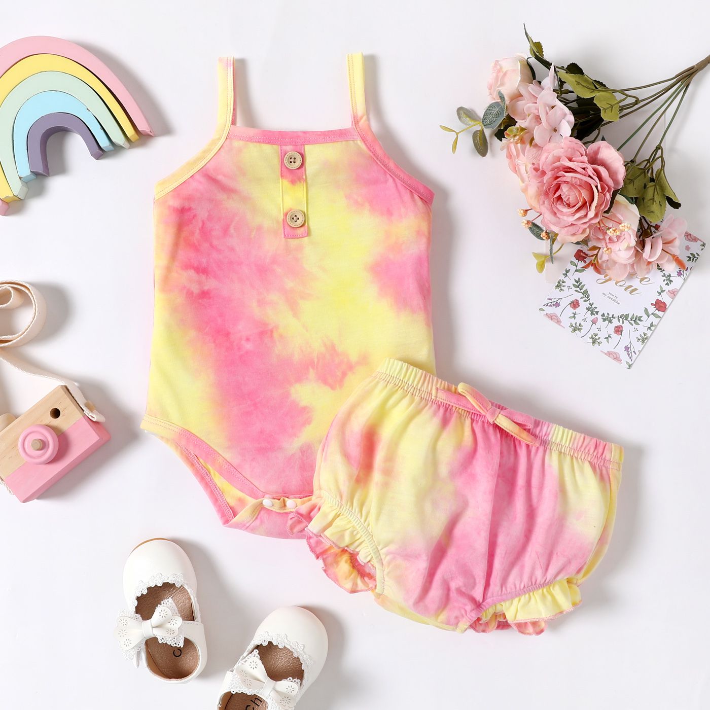 

2pcs Baby Girl Tie Dye Spaghetti Strap Sleeveless Romper and Shorts Set