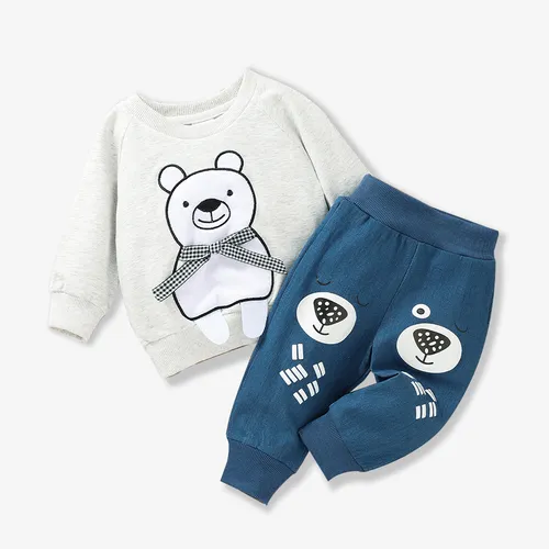 Conjunto de sudadera y pantalón de manga larga con bordado de oso de dibujos animados de bebé de 2 piezas