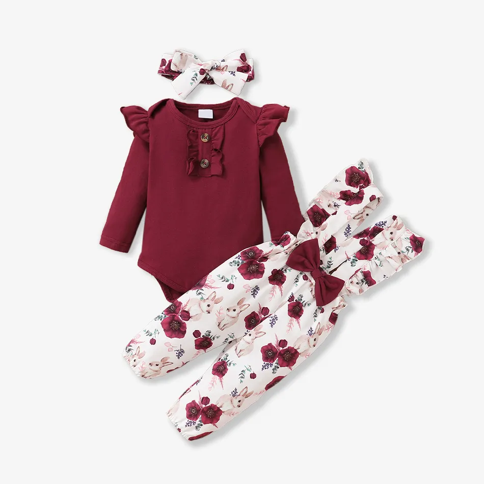 3pcs Baby Girl 95% Cotton Long-sleeve Romper and Floral Print Ruffle Overalls with Headband Set Burgundy big image 1
