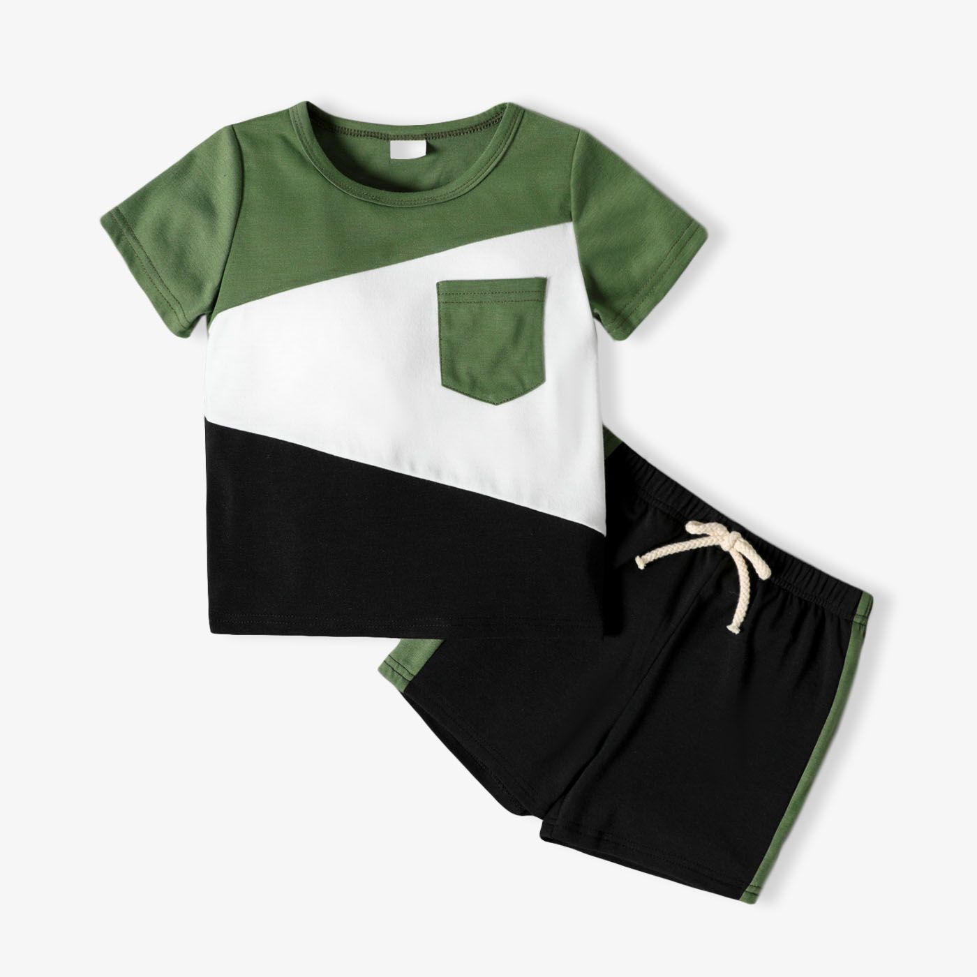 2pcs Toddler Boy Colorblock Ribbed Short Raglan Sleeve Tee and Elasticized Shorts Set