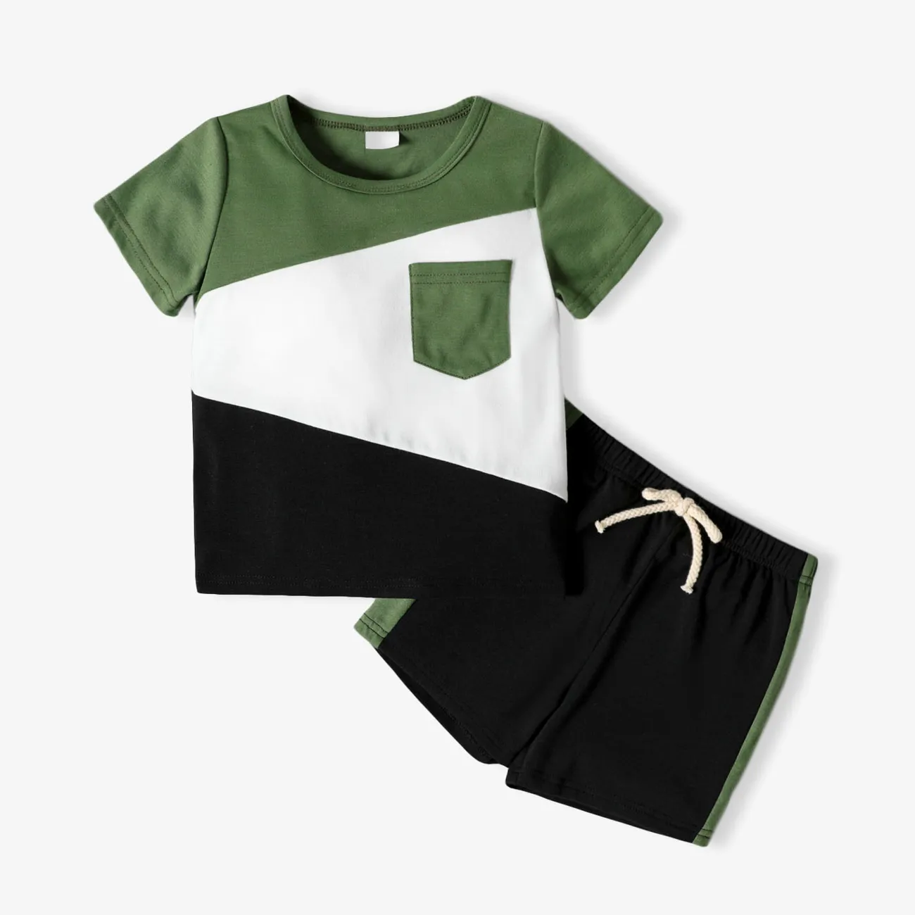 2-piece Toddler Boy Colorblock Pocket Design Tee and Elasticized Shorts Set Dark Green big image 1