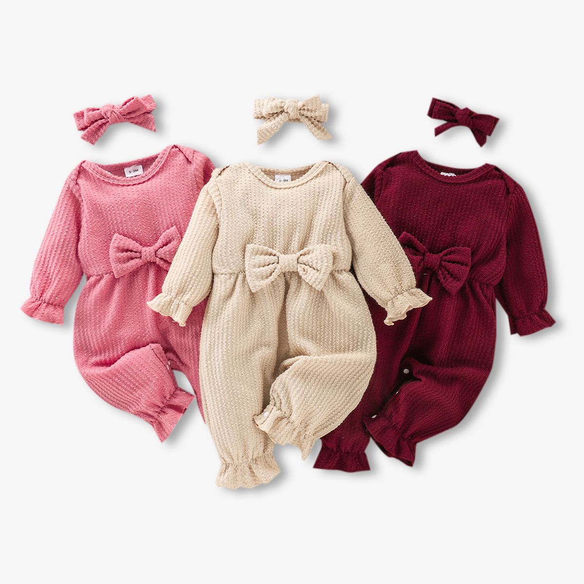 2pcs Baby Girl 100% Cotton Solid Ribbed Long-sleeve Bowknot Ruffle Jumpsuit and Headband Set