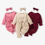 2pcs Baby Girl 100% Cotton Solid Ribbed Long-sleeve Bowknot Ruffle Jumpsuit and Headband Set  Apricot