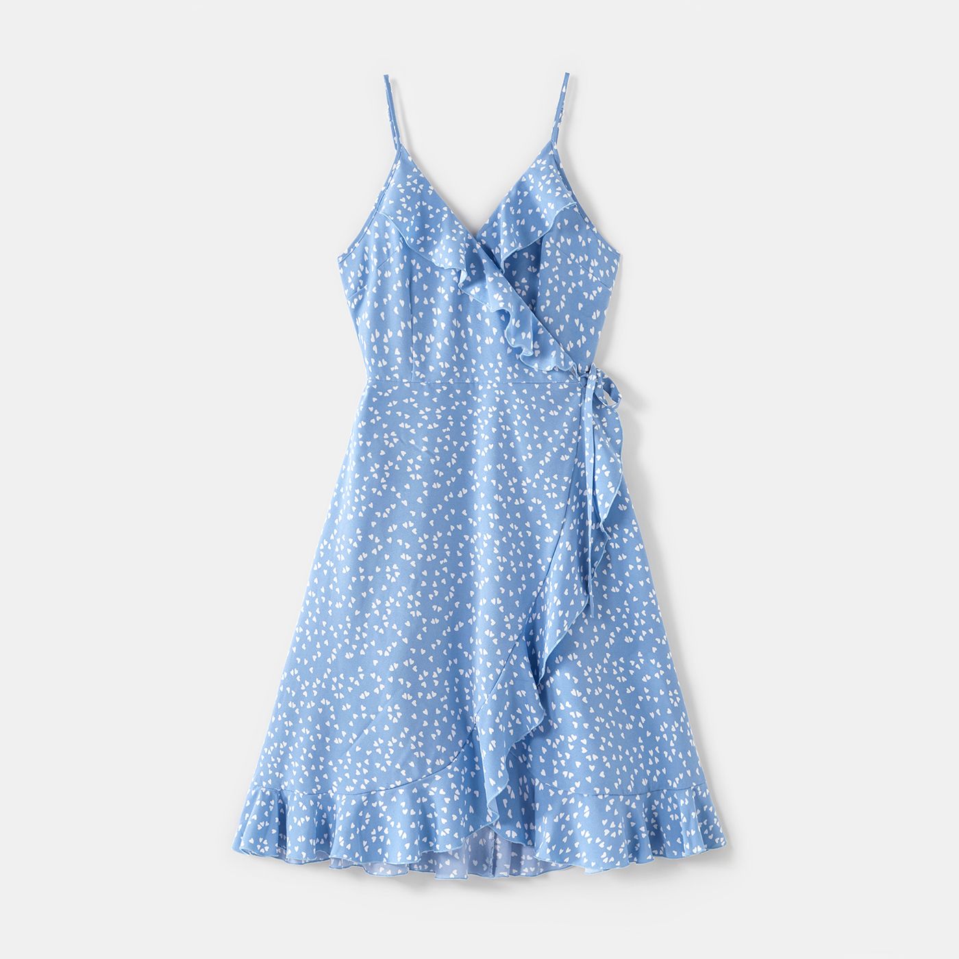 All Over Dots Print Blue Spaghetti Strap V Neck Ruffle Wrap Dress For Mom And Me