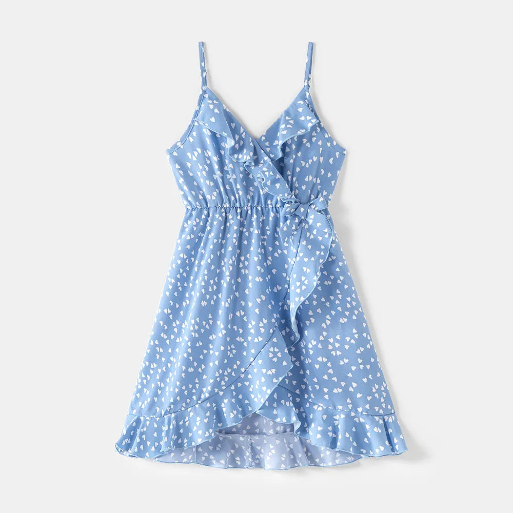 All Over Dots Print Blue Sleeveless Spaghetti Strap V Neck Ruffle Wrap Dress for Mom and Me  big image 2